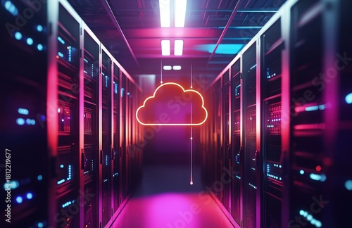 Neon orange cloud icon glowing in a modern data center corridor with vibrant pink and blue lighting around server racks, highlighting IT connectivity, idea for technology presentations