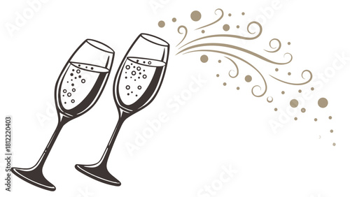 Clinking Champagne Flutes Toast Vector Illustration,  line art illustration of two champagne flutes clinking together, with bubbles and a stylized splash emanating from the glasses