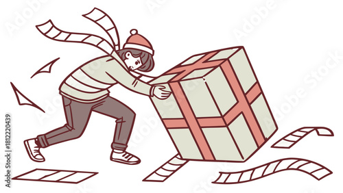 Person Struggling to Push Huge Christmas Gift in Wind Vector, A cartoon illustration of a person in winter clothing struggling to push a massive, wrapped Christmas gift against a strong wind
