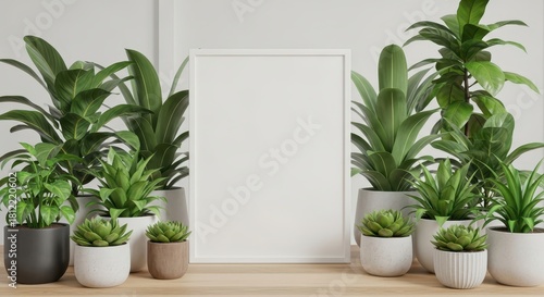 A blank white vertical picture frame mockup stands on a wooden table, surrounded by a variety of lush green houseplants in pots