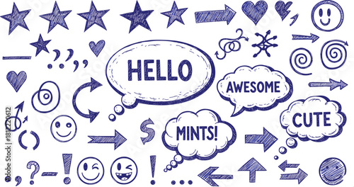 Hand drawn doodle set, blue ink ballpoint sketch, speech bubbles, stars, hearts, arrows, smiley faces, vector illustration collection, notebook scribble design elements