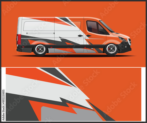 Orange and white van with abstract graphic wrap design for branding and advertising