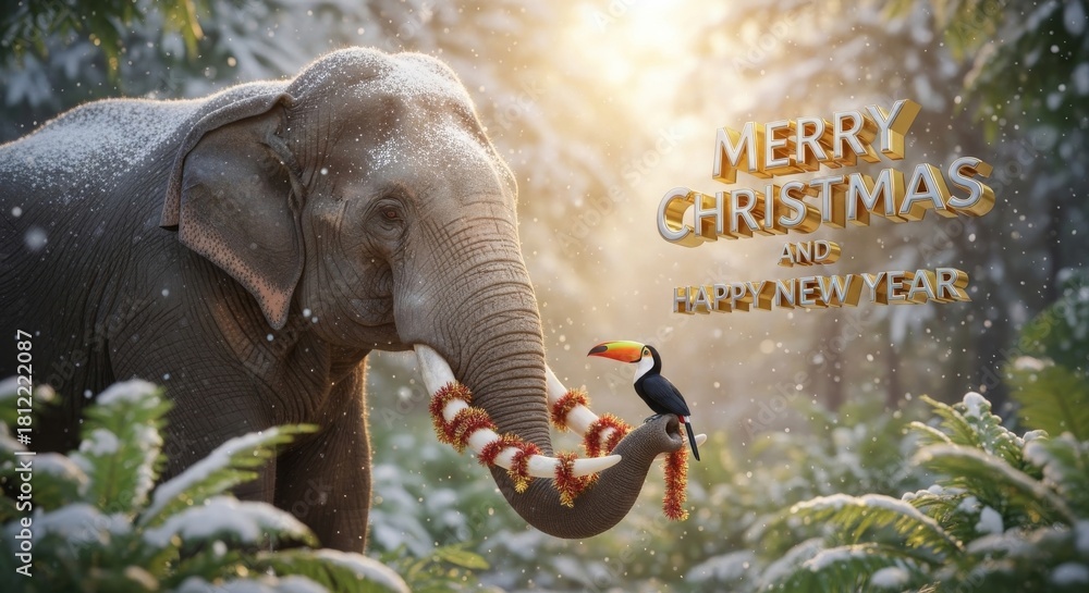 Obraz premium Christmas Elephant and Toucan in Snow - An elephant with a Christmas garland on its trunk and a toucan perched on it amidst snowy foliage wishing everyone Merry Christmas and Happy New Year