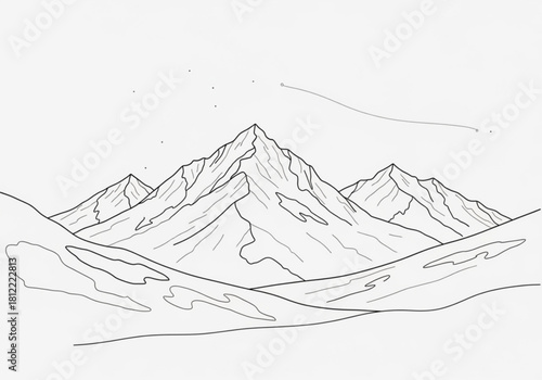 Minimalist line art drawing of majestic mountains isolated on white background
