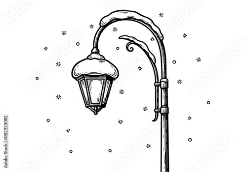 Vintage street lamp covered in snow with falling snowflakes isolated on white background