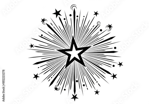 Exploding starburst with smaller stars and dots isolated on white background