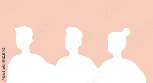 A simple minimalist illustration showing three human silhouettes standing side by side against a soft peach background.