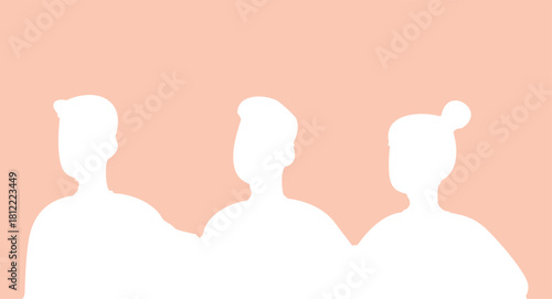 A simple minimalist illustration showing three human silhouettes standing side by side against a soft peach background.
