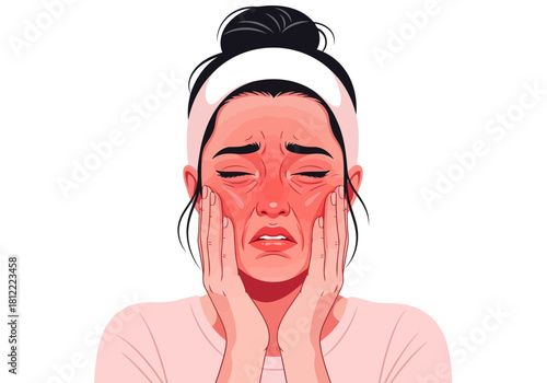 Woman with very red, irritated, and sensitive facial skin holding her cheeks in distress, isolated on