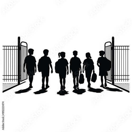Silhouette of children walking through school gates isolated on white background, symbolizing education and learning