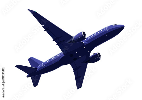 Dark blue passenger airplane taking off or climbing steeply against a, isolated on