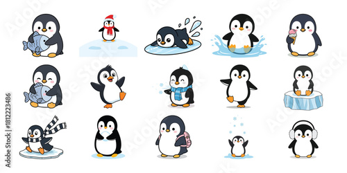 Assortment of charming cartoon penguin characters isolated on