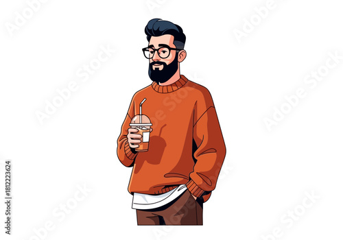 Hipster man with beard and glasses holding iced coffee drink, casual style portrait, isolated on
