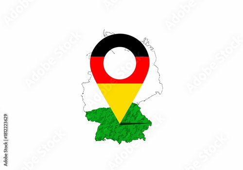 Map pin icon featuring german flag colors superimposed over the outline of germany with bavaria highlighted in green isolated on