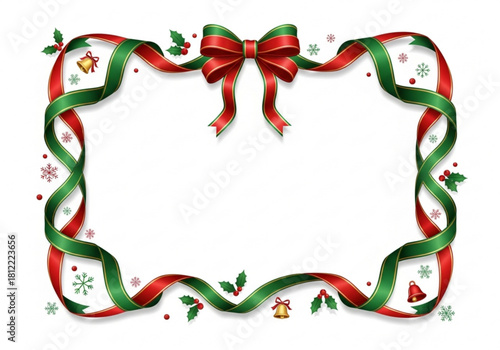 Christmas ribbon frame with bow bells and holly isolated on white background
