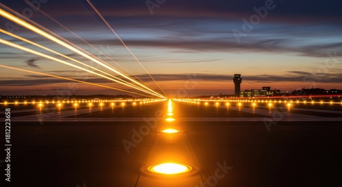 Dynamic airplane runway at dusk with vibrant glowing lights creating powerful vision of travel and aviation