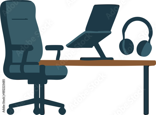 A modern home-office setup featuring a cushioned swivel chair, a laptop on a stand, and a pair of headphones resting on a wooden desk.