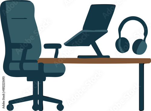 A modern home-office setup featuring a cushioned swivel chair, a laptop on a stand, and a pair of headphones resting on a wooden desk.