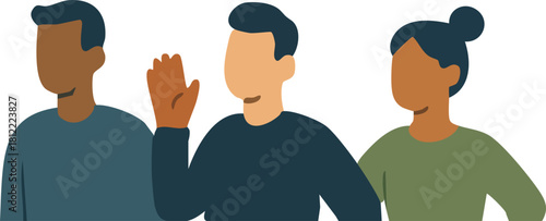 A diverse group of three simplified, faceless characters stands together, with the person in the middle raising a hand as if greeting or speaking.