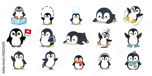 Collection of cute pixel art penguins in various playful poses isolated on