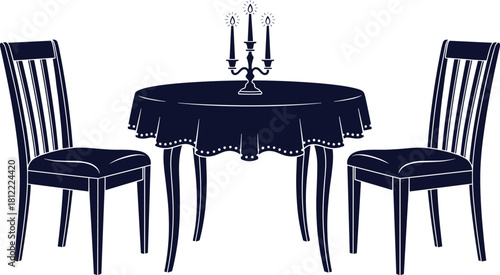 Romantic dining table with two chairs, candelabra centerpiece silhouette, restaurant furniture vector illustration, dinner date setting, vintage interior design element bundle