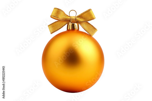 Golden Christmas ornament with shiny surface and decorative bow, isolated on transparency background, festive holiday decoration for tree, joyful and elegant seasonal celebration accent