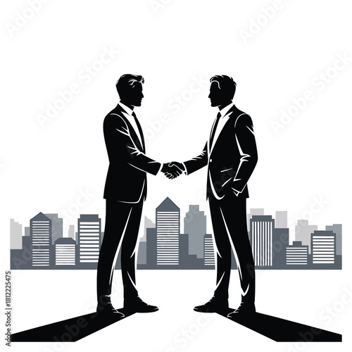 Two businessmen shaking hands in front of a city skyline, symbolizing a successful business deal and partnership