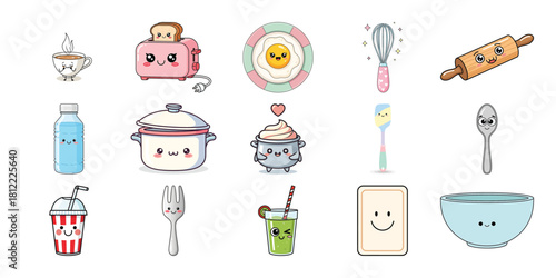Various cheerful kitchenware and beverage icons in kawaii style isolated on white