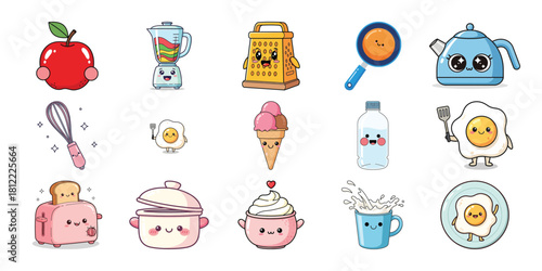 Assortment of happy kawaii food and kitchen gadget icons isolated on