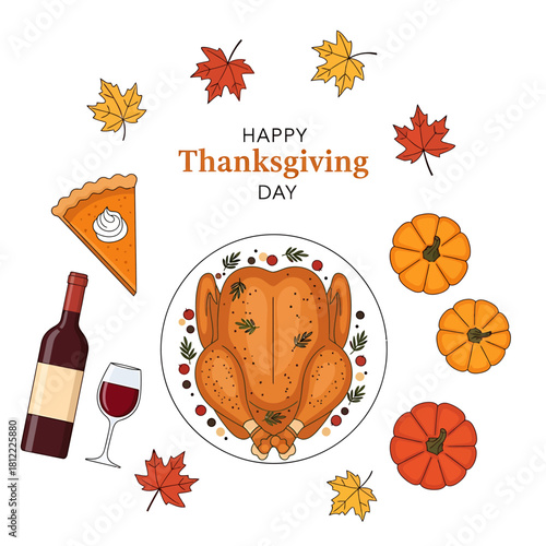 A festive Thanksgiving dinner illustration with a whole roasted turkey, pumpkin pie, red wine, and decorative autumn maple leaves on a white background