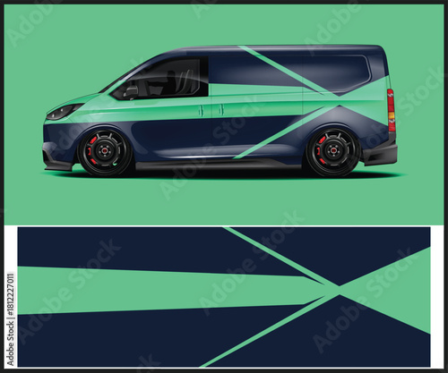 Customized van with graphic wrap design on green background