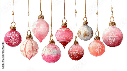 Set of pink watercolor Christmas ornament balls isolated on white background