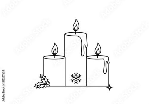 Three christmas candles with holly and snowflake isolated on white background