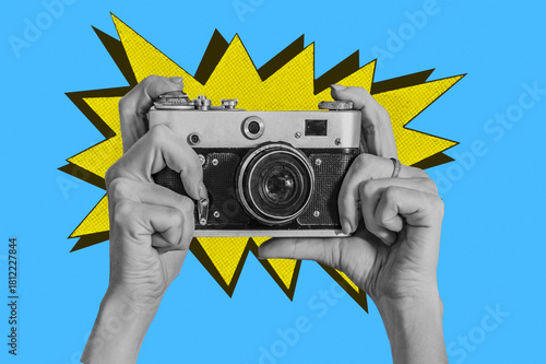 Woman taking retro photos. Digital collage with female hands holding vintage camera. Pop art design.