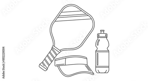 Outline drawing of pickleball equipment including a paddle, visor, and water bottle for sports and leisure activities.