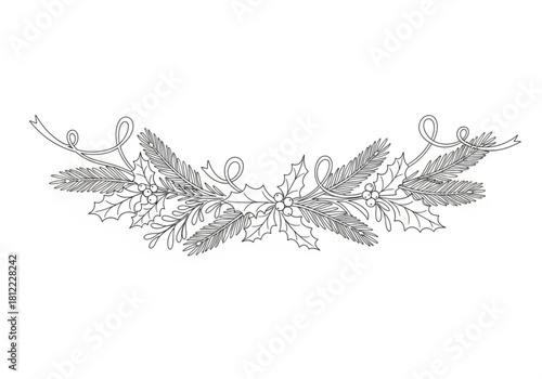 Christmas holly and fir branch decorative border isolated on white background