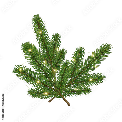 A sprig of fir with golden lights isolated on transparent background, perfect for adding a festive touch to your designs and holiday projects this season