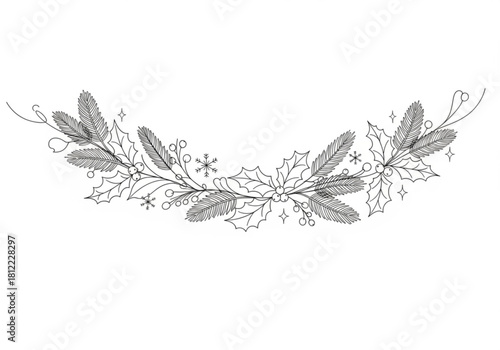 Christmas holly and pine branch decorative border isolated on white background
