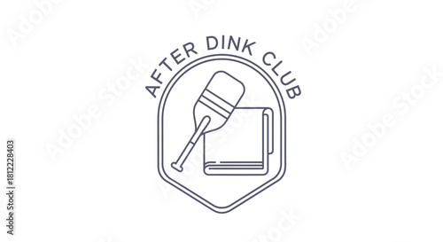 A minimalist line art logo for the 'After Dink Club', featuring a pickleball paddle and a towel inside a badge.