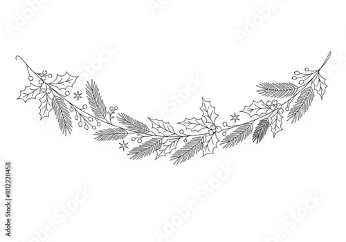 Christmas holly and pine branch garland line art isolated on white background