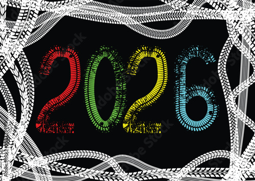 2026 tire track numbers - trucking and transport themed typography for logistic calendars and posters, perfect for American transport companies. Vector illustration
