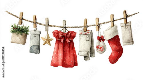 Watercolor Christmas Baby Clothesline with Ornaments