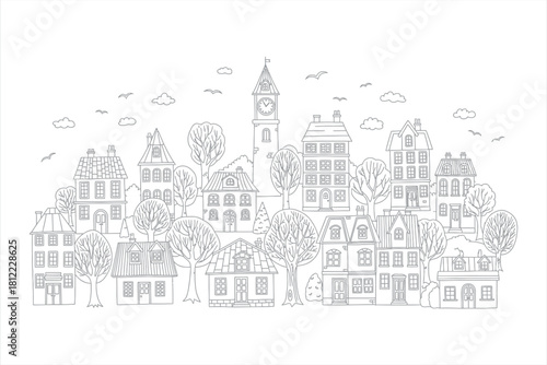 Stylized Townscape Line Art Illustration