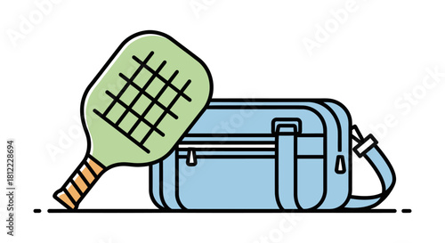 A stylized illustration of a pickleball paddle and a light blue sports duffel bag on a white background.