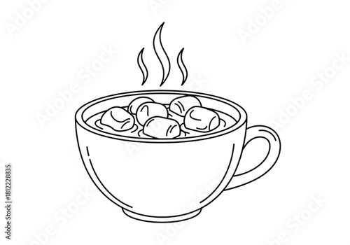 Hand drawn illustration of hot chocolate with marshmallows isolated on white background