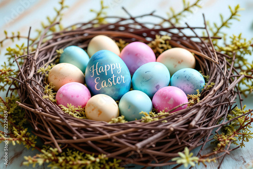 A cluster of dyed Easter eggs in soft pastel colors fills a rustic twig nest, with one vibrant blue egg greeting the viewer with "Happy Easter."