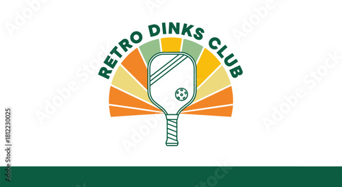 A retro-style logo for the 'Retro Dinks Club' featuring a pickleball paddle against a colorful sunburst design.