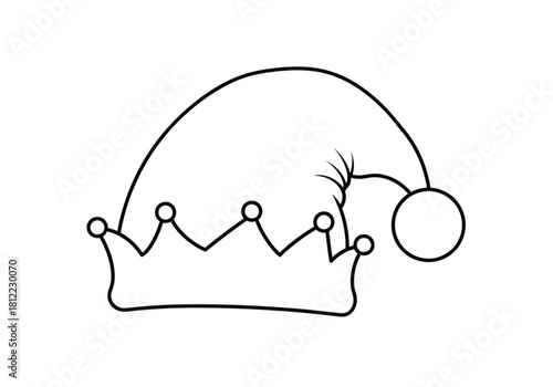 Simple black and white outline of a jester hat with a crown and pompom isolated on white background