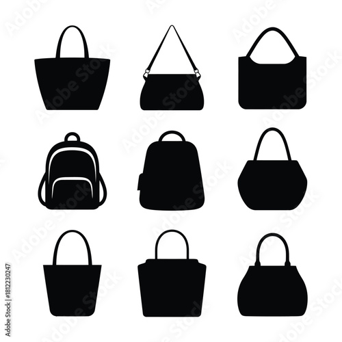 handbag silhouette icon. set of handbag silhouette icon. Collection of various handbag and backpack silhouettes in black and white. backpack silhouette icon set.
