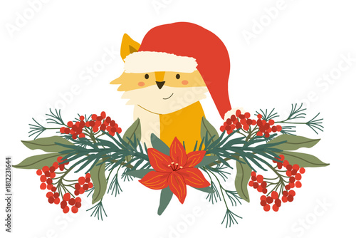 Cute christmas border with baby fox in santa hat and poinsettia, cotoneaster, juniper plants in cartoon flat style. Vector illustration isolated on transparent background. Festive christmas border wit